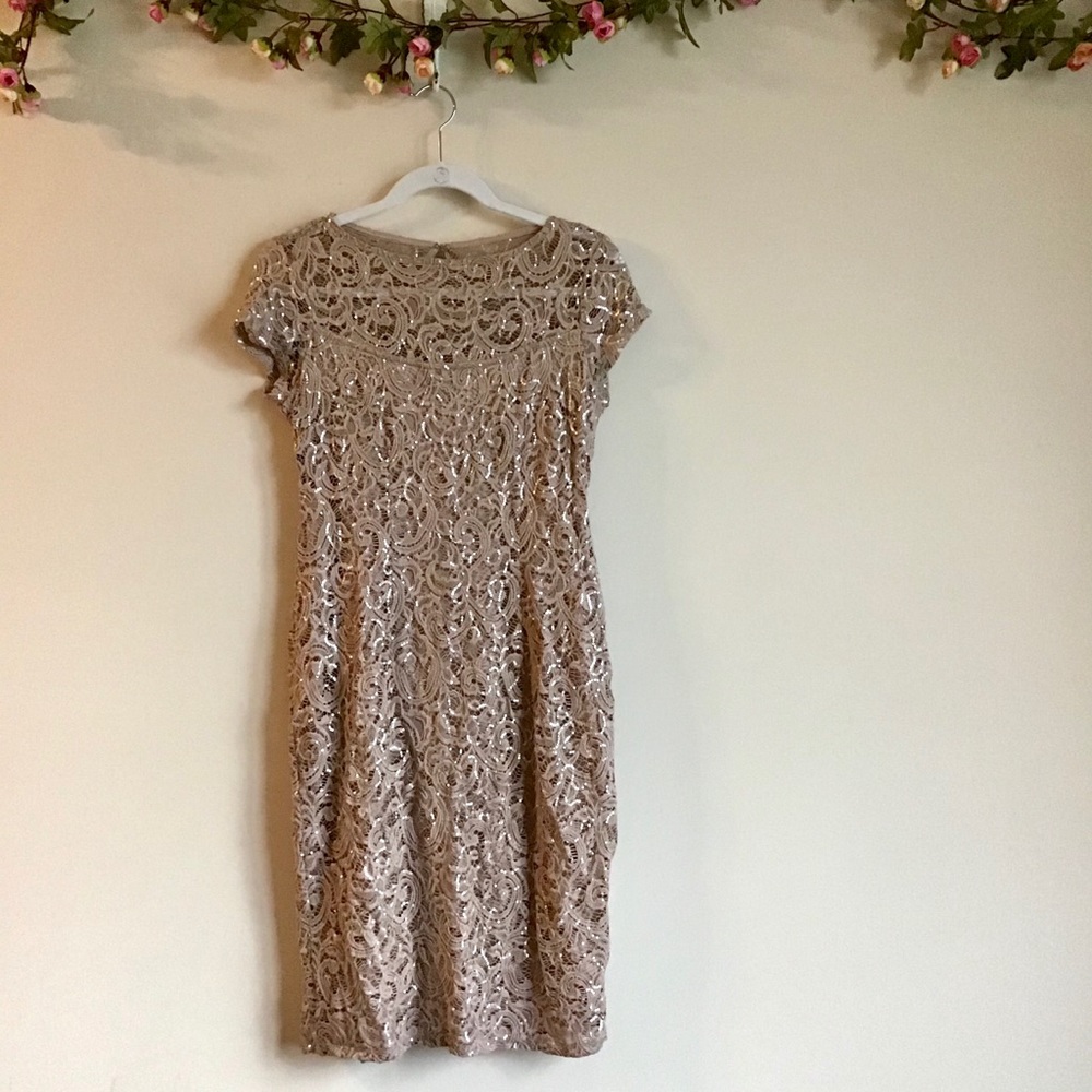 Marina champagne lace sequin short slv midi dress - Picture 4 of 8